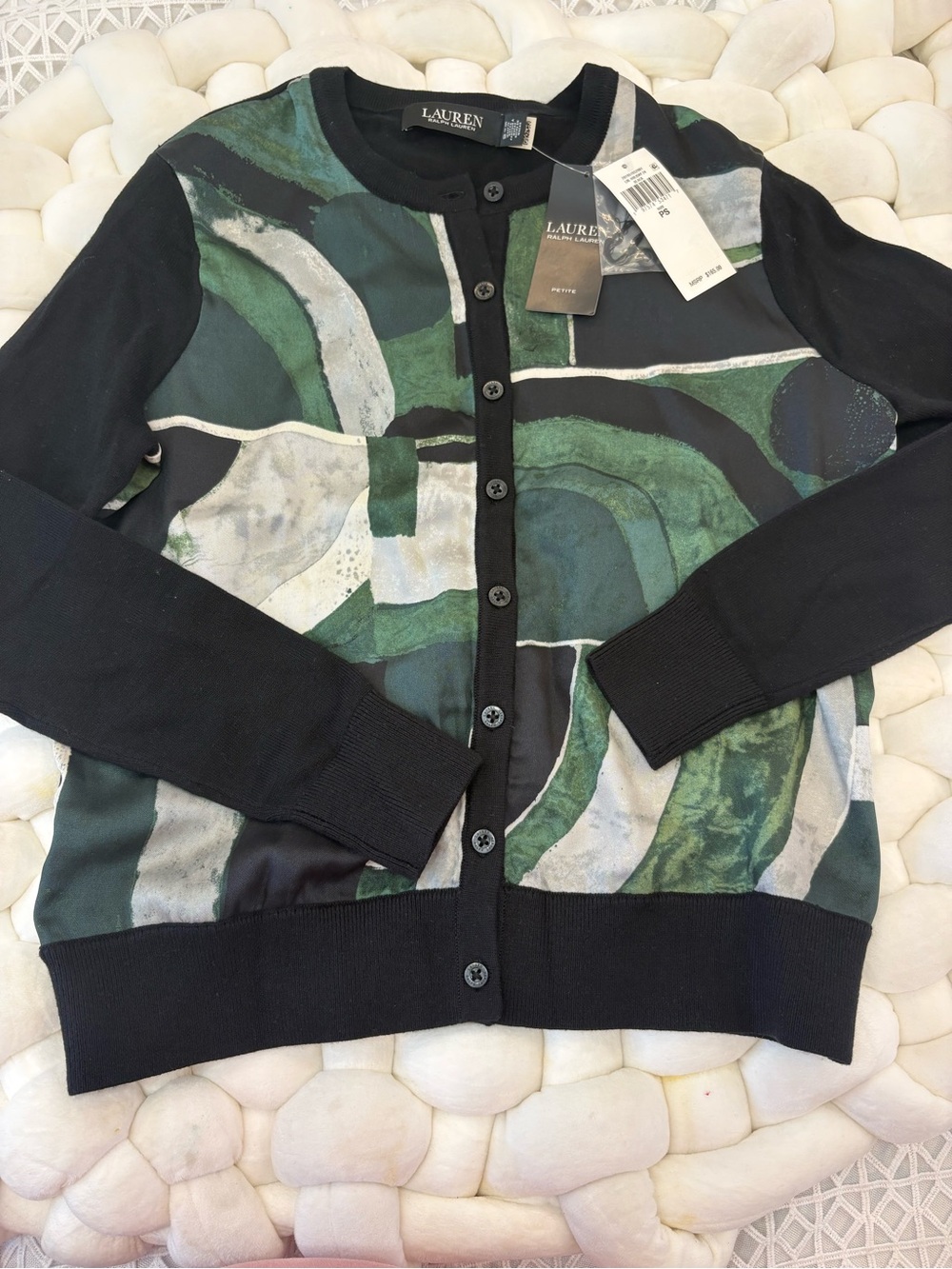 Ralph Lauren Black Cardigan with Green and Gray Abstract Front